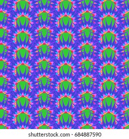 Undulated abstract seamless texture with overlapped abstract flowers. Dominant color is green and blue.