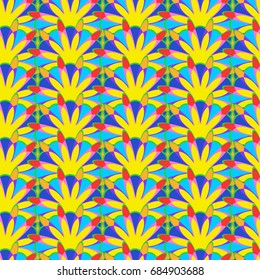 Undulated abstract seamless texture with overlapped abstract flowers. /Dominant color is yellow.