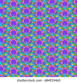 Undulated abstract seamless texture with overlapped abstract flowers on orange background. Dominant color is violet.
