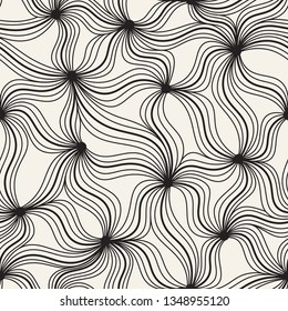 Undulated bold lines that connecting dots like the petals of a flower. Wave grid seamless pattern. Monochrome vector background for wallpaper or packaging.