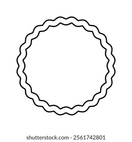 Undulated circle frame. Round shape with frilly borders. Wavy photo vignette, mirror framing, empty box, design element for scrapbooking album. Vector graphic illustration.