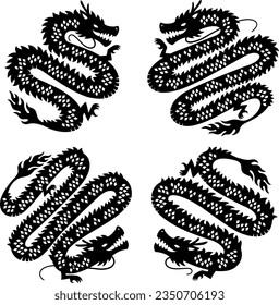 Undulating long dragons silhouette illustration set