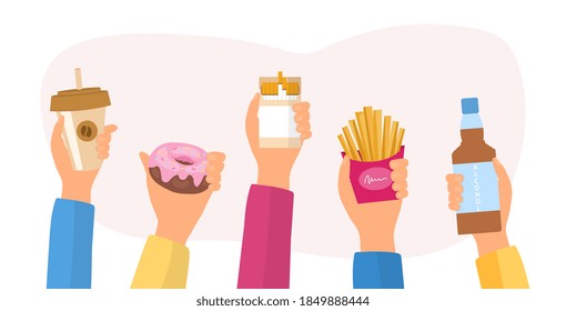 Unealthy lifestyle habits and obesity and bad health concept. Hands holding fast junk food, bad habits, waste of time. Flat cartoon vector illustration.