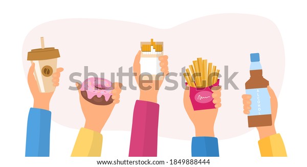 Unealthy lifestyle habits and obesity and\
bad health concept. Hands holding fast junk food, bad habits, waste\
of time. Flat cartoon vector\
illustration.