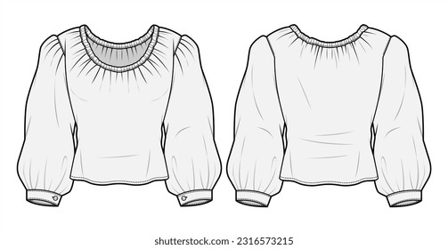 U-Neck Gathered Bishop Sleeve Top  Front and Back View. Fashion Illustration, Vector, CAD, Technical Drawing, Flat Drawing, Template, Mockup.