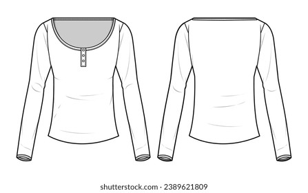 Women’s U-Neck Solid Long Sleeve Henley Button Down Slim Fit T-Shirts Top Front and Back View. Fashion Illustration, Vector, CAD, Technical Drawing, Flat Drawing, Template, Mockup.