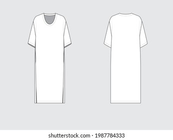 u-neckline oversized dress with concealed side pockets, front and back, drawing technical flat sketches of garments with vector illustration.