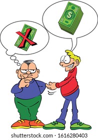 Unemployed asking for money from a passerby. One man asks for money and the other denies it. Conceptual image about economic bankruptcy. Vector image in cartoon style available in EPS 10.