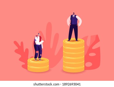 Unemployed Beggar And Rich Businessman Characters Stand On Low And High Piles Of Golden Coins. People With Different Income Class, Salary And Finance Hierarchy Concept. Cartoon Vector Illustration