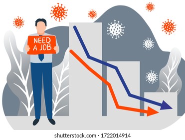 Unemployed businessman holding a sign, job loss due to the crisis with coronavirus. Blocking the COVID-19 outbreak, leading to the closure of the company and the closure of the business.