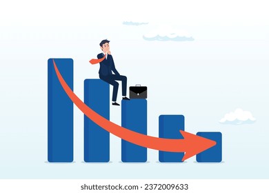 Unemployed businessman investor or business owner sitting on falling down bar graph, red arrow, economic recession, financial crisis or stock market crash due to COVID-19 Coronavirus pandemic (Vector)