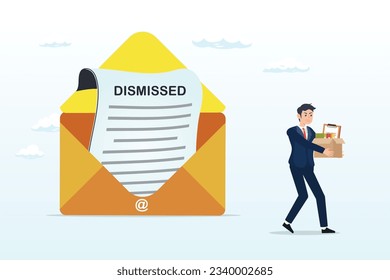 Unemployed businessman walk away from dismissed email with his stuff, layoff email sending to employee to inform job dismissed or fired, end career or staff layoff due to economic recession (Vector)