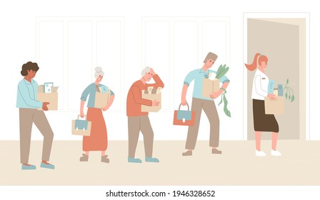Conjunto de caracteres desempleados. Camareros tristes despedidos sosteniendo una colección de cajas de papel saliendo de su oficina. Crisis laboral. Despidió a hombres y mujeres descontentos con sus cosas aisladas en un fondo blanco.  Vector