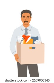 Unemployed fired black man. Sad jobless office worker holds box with personal stuff. Unhappy upset face worried about job loss. Unemployment during the economic crisis. Flat vector illustration