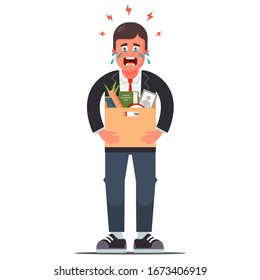 desempleados despidieron a un hombre con una caja de cosas. Ilustración vectorial de carácter plano.