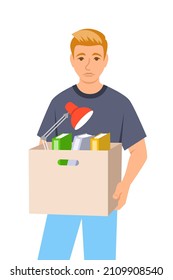 Unemployed Fired Young Man. Sad Jobless Boy Holds Box With Personal Stuff. Unhappy Upset Face Worried About Job Loss. Youth Unemployment During The Economic Crisis. Flat Vector Illustration