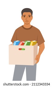 Unemployed Fired Young Man. Sad Jobless Boy Holds Box With Personal Stuff. Unhappy Upset Face Worried About Job Loss. Youth Unemployment During The Economic Crisis. Flat Vector Illustration