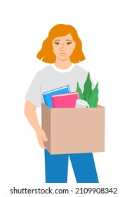 Unemployed Fired Young Woman. Sad Jobless Girl Holds Box With Personal Stuff. Unhappy Upset Face Worried About Job Loss. Youth Unemployment During The Economic Crisis. Flat Vector Illustration