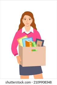 Unemployed Fired Young Woman. Sad Jobless Girl Holds Box With Personal Stuff. Unhappy Upset Face Worried About Job Loss. Unemployment During The Economic Crisis. Flat Vector Illustration