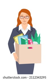 Unemployed fired young woman. Sad jobless female office worker holds box with personal stuff. Unhappy upset face worried about job loss. Unemployment during economic crisis. Flat vector illustration