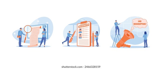 Unemployed looking for work. The HR team creates job descriptions. Explain the responsibilities and jobs. Job Description concept. Set flat vector illustration.