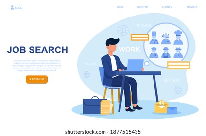 Unemployed male character searching job vacancy. Looking for work or job. Concept of employment service and job interview. Website, web page, landing page template. Flat cartoon vector illustration