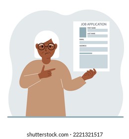 The unemployed man is holding a resume. Candidate with resume. The woman is looking for a job. Paper sheet with avatar and skills. Labor market, unemployment problem. Vector flat illustration