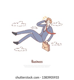 Unemployed office worker in free fall, businessman with suitcase talking on phone, business conversation banner