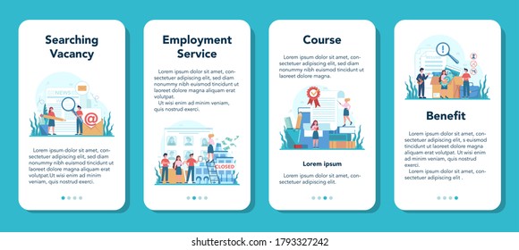 Unemployed online service or platform set. Searching for work or job. Idea of employment. Employment service and job interview, building career. Isolated flat illustration