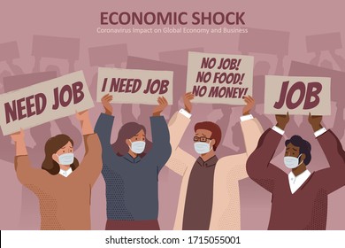 Unemployed people with face masks holding protest signs and asking for jobs, concept of layoff and unemployment caused by COVID-19 pandemic