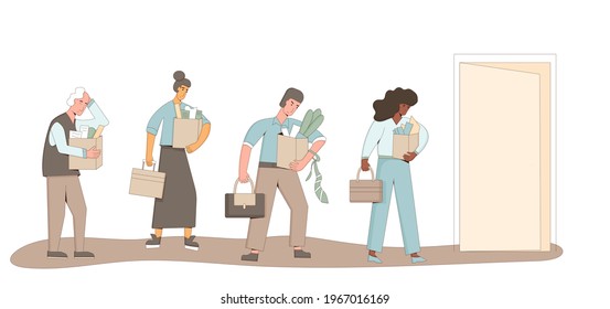 Unemployed people set. Dismissed sad coworkers holding paper box collection leaving their office. Work crisis. Fired men and women with his things isolated on white background. Vector illustration. 