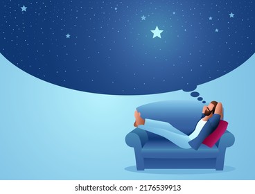 Unemployed person is lying on the sofa and daydreaming, vector illustration