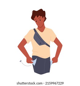 Unemployed poor young man with no money vector illustration. Cartoon sad male character standing, person with work problem showing empty pockets of pants isolated on white. Poverty, crisis concept