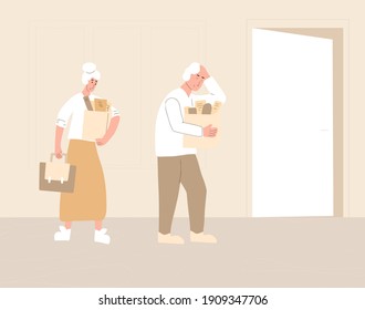 Unemployed senior people. Dismissed sad coworkers holding paper box leaving their office. Work crisis. Fired mature man and woman with their things. Vector illustration. 