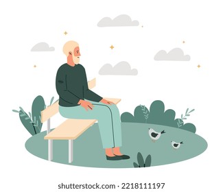 Unemployed sits in park. Man sits on bench and looks at birds. Character without permanent residence. Financial crisis, bankruptcy and money loss. Poster or banner. Cartoon flat vector illustration