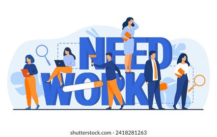 Unemployed specialists looking for job vector illustration. Need work inscription with magnifying glasses and serach box. Peolpe of  different occupations having difficulties to find work