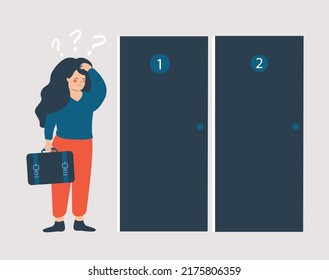 Unemployed woman chooses her career path in from of two closed doors. Businesswoman holds a briefcase and tries to find the right business opportunity. Professional decision and employment Concept 