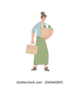 Unemployed woman. Dismissed sad character holding paper box. Work crisis. Fired unhappy young person standing with her stuff isolated on white background. Job search. Vector flat illustration. 