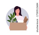 Unemployed woman vector illustration. Flat character - young woman who lost her job, holding office box with stuff (plant, documents, tubes, bottle).