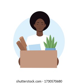 Unemployed woman vector illustration. Flat character - young african woman who lost her job, holding office box with stuff (plant, documents, tubes). Financial crisis concept.