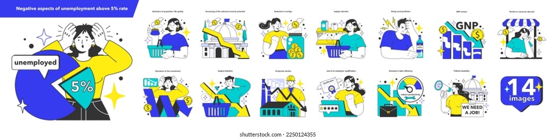 Unemployment above 5 percent set. Negative aspects of high unemployment rate. Problem of occupancy, job offer and workplace shortening. Economy theory. Flat vector illustration