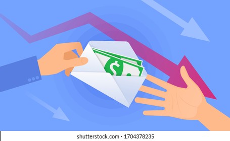 An unemployment benefits and cash allowance. A hand holds the envelope with paper money, another hand takes them. A jobless, quarantine, poverty, dismissal, crisis flat vector concept hd illustration.