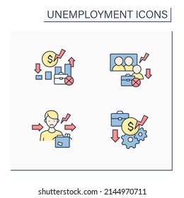Unemployment Color Icons Set. Rate, Downsizing, Jobless, Pay Cuts. Joblessness Concept. Isolated Vector Illustrations