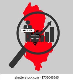 Unemployment concept with Albania map. Unemployment rates are on the rise worldwide and in Albania due to coronavirus outbreak. Economics crisis.