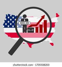 Unemployment concept with  american flag. Unemployment rates are on the rise worldwide and in USA due to corona virus outbreak. Economics crisis.