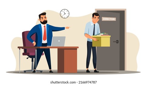 El concepto de desempleo con un jefe enfadado destituye a los empleados. El director despidió al gerente en la puerta, el hombre triste deja el gabinete. Problemas de desempleo, crisis laboral, reducción de empleos. Ilustración vectorial.