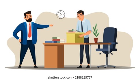 Unemployment concept with angry boss dismisses employee. Director points fired manager at door, sad man leaves office cabinet. Jobless troubles, work crisis, job reduction. Vector illustration.