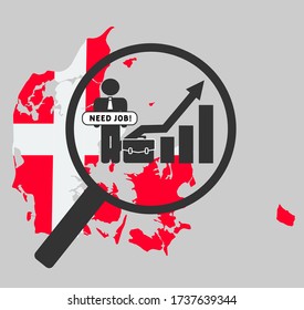 Unemployment concept with Denmark map. Unemployment rates are on the rise worldwide and in Denmark due to coronavirus outbreak. Economics crisis.