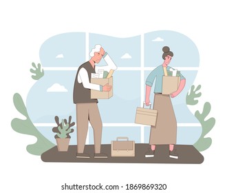 Unemployment concept. Dismissed sad characters holding paper box. Work crisis. Fired unhappy two friends standing with his things. Coworkers standing together. Vector line art illustration. 