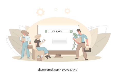 Unemployment concept. Dismissed sad characters holding paper box. Work crisis. Fired unhappy man and two women standing with his things. Job search. Vector flat illustration. 